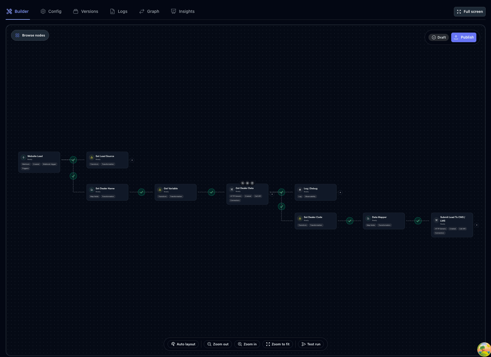Dynomo workflow builder node graph