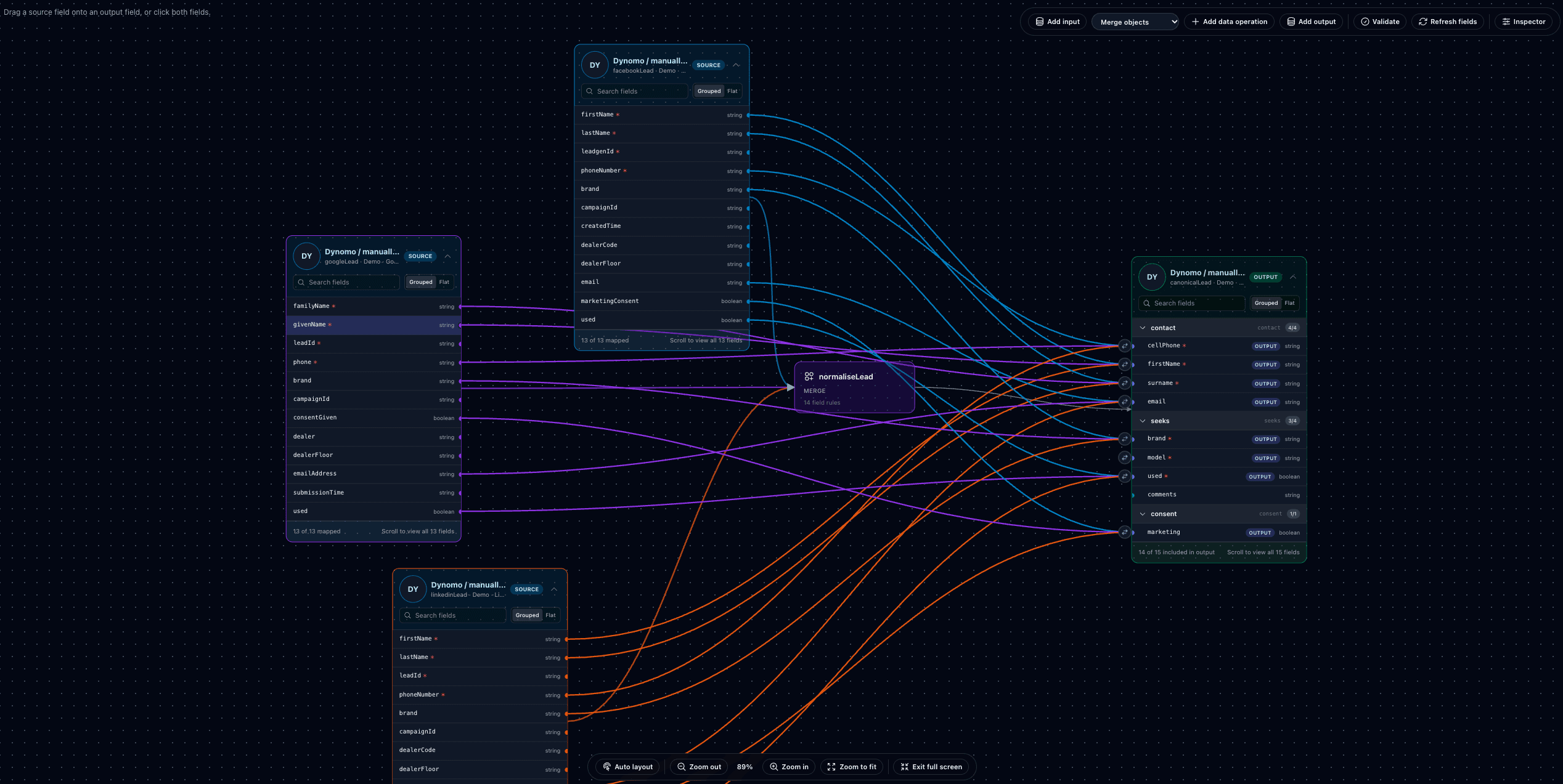 Dynomo data mapper connecting Google, Facebook and LinkedIn demo lead structures through field mappings and a normaliseLead operation to one canonical lead profile.